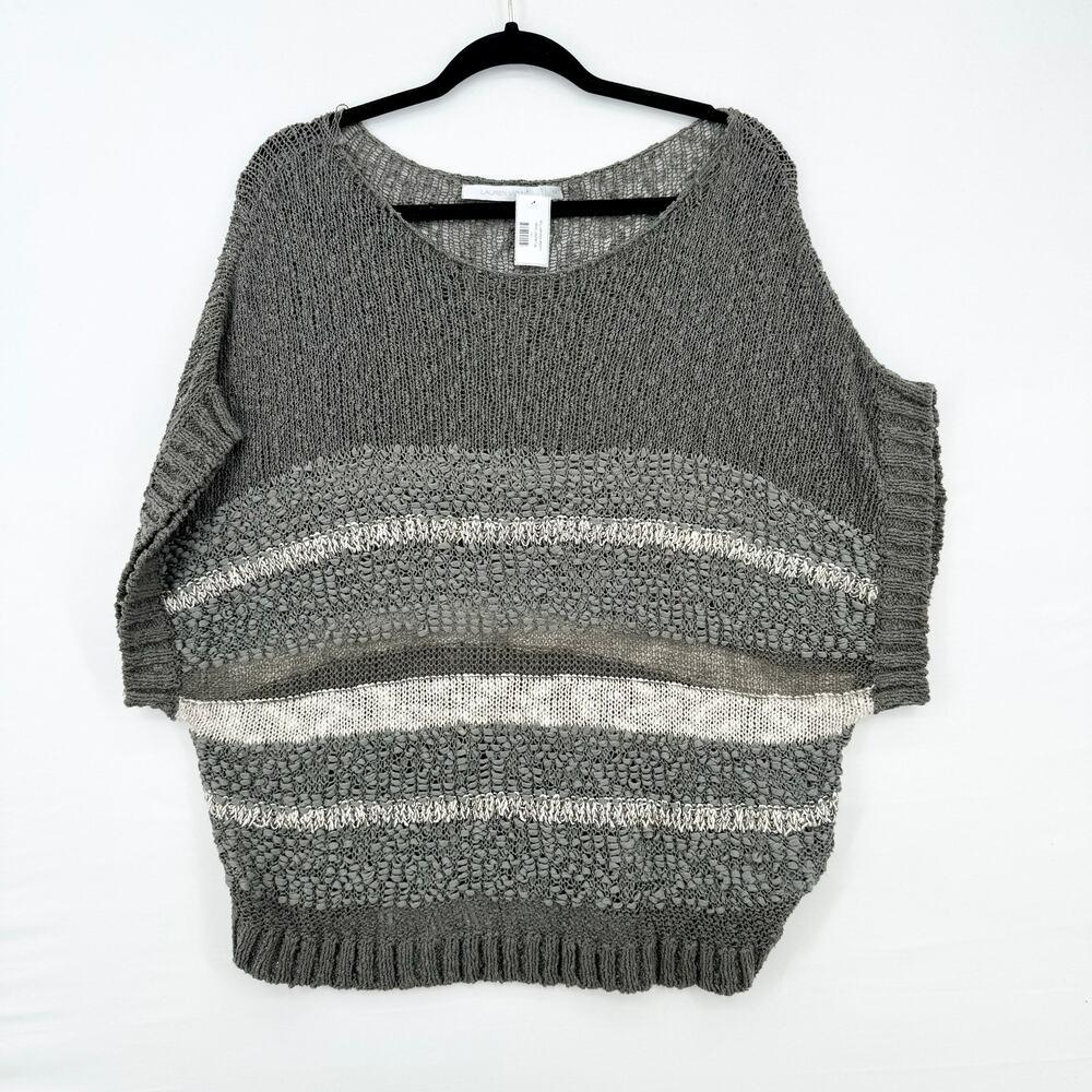 Lauren Vidal Women Grey & Cream Striped Oversized‎ Knit Sweater Top Size M